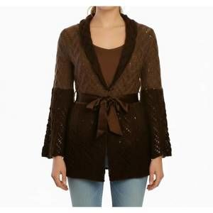 NEW M.RENA knitted bell sleeves and tie front sweater in brown